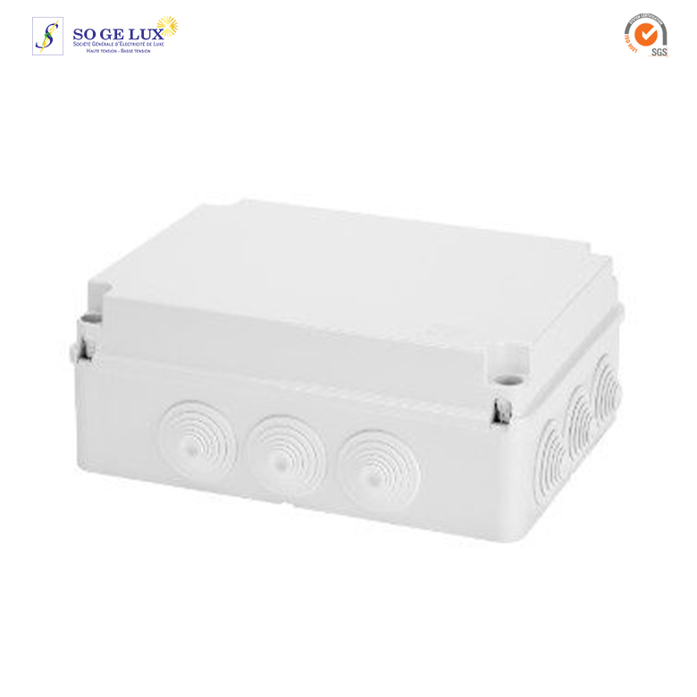 BOÎTE DE DÉRIVATION AVEC COUVERCLE BAS À VIS - IP55 - DIMENSIONS INTERNES 300X220X120 - PAROIS AVEC PASSE-FILS À GRADINS À ENTRÉE DIRECTE