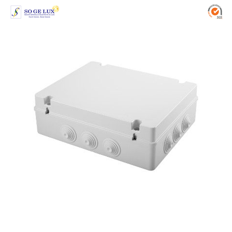 BOÎTE DE DÉRIVATION AVEC COUVERCLE BAS À VIS - IP55 - DIMENSIONS INTERNES 380X300X120 - PAROIS AVEC PASSE-FILS À GRADINS À ENTRÉE DIRECTE