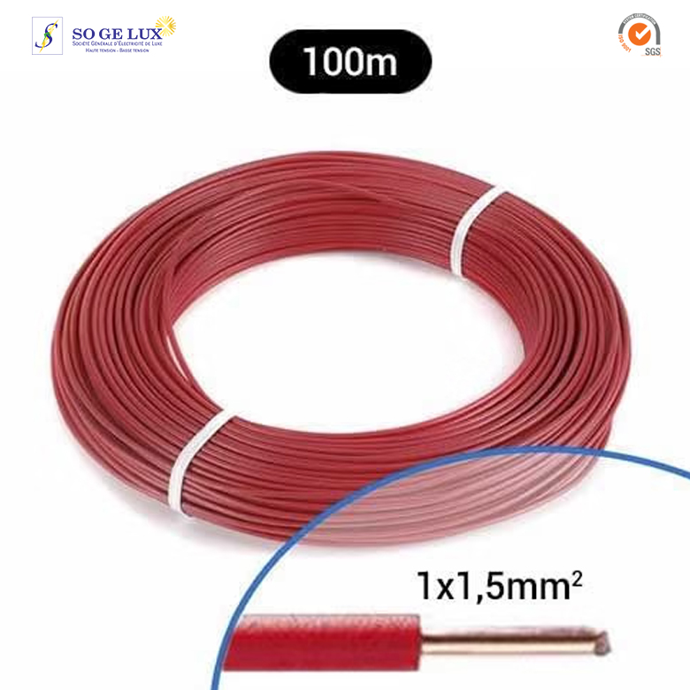Fil électrique rigide H07VU 1.5² rouge - Couronne de 100m - Sogecom